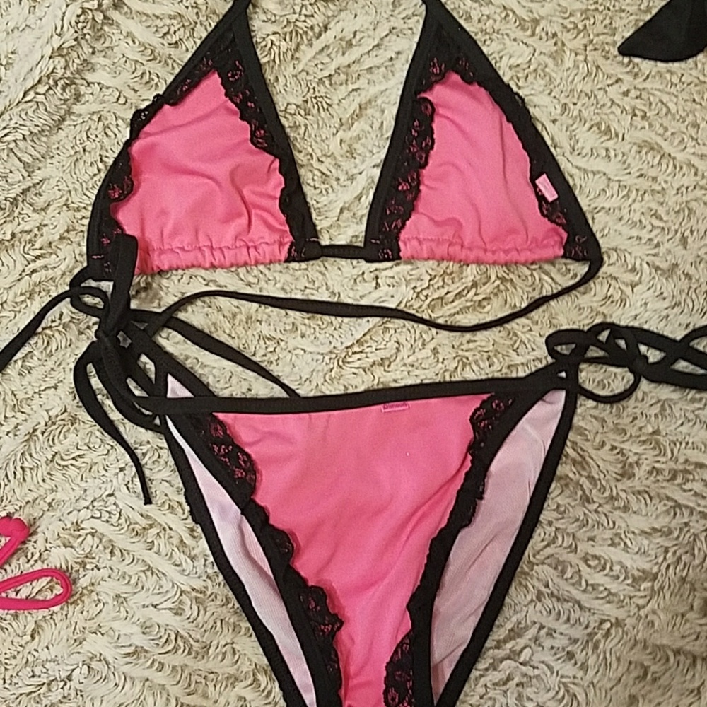 Sexy pink black lace bikini